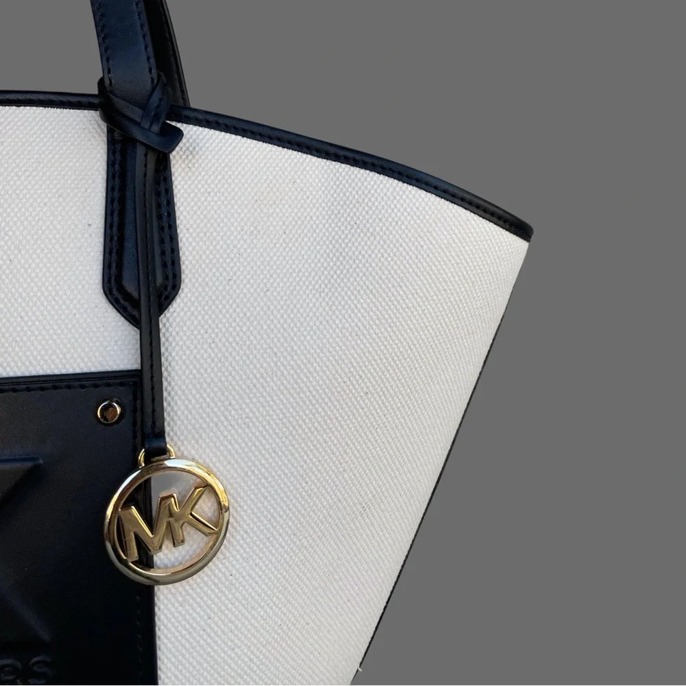 MICHAEL KORS Neutral Cream & Black Large Canvas Leather Kimber Logo Tote Bag